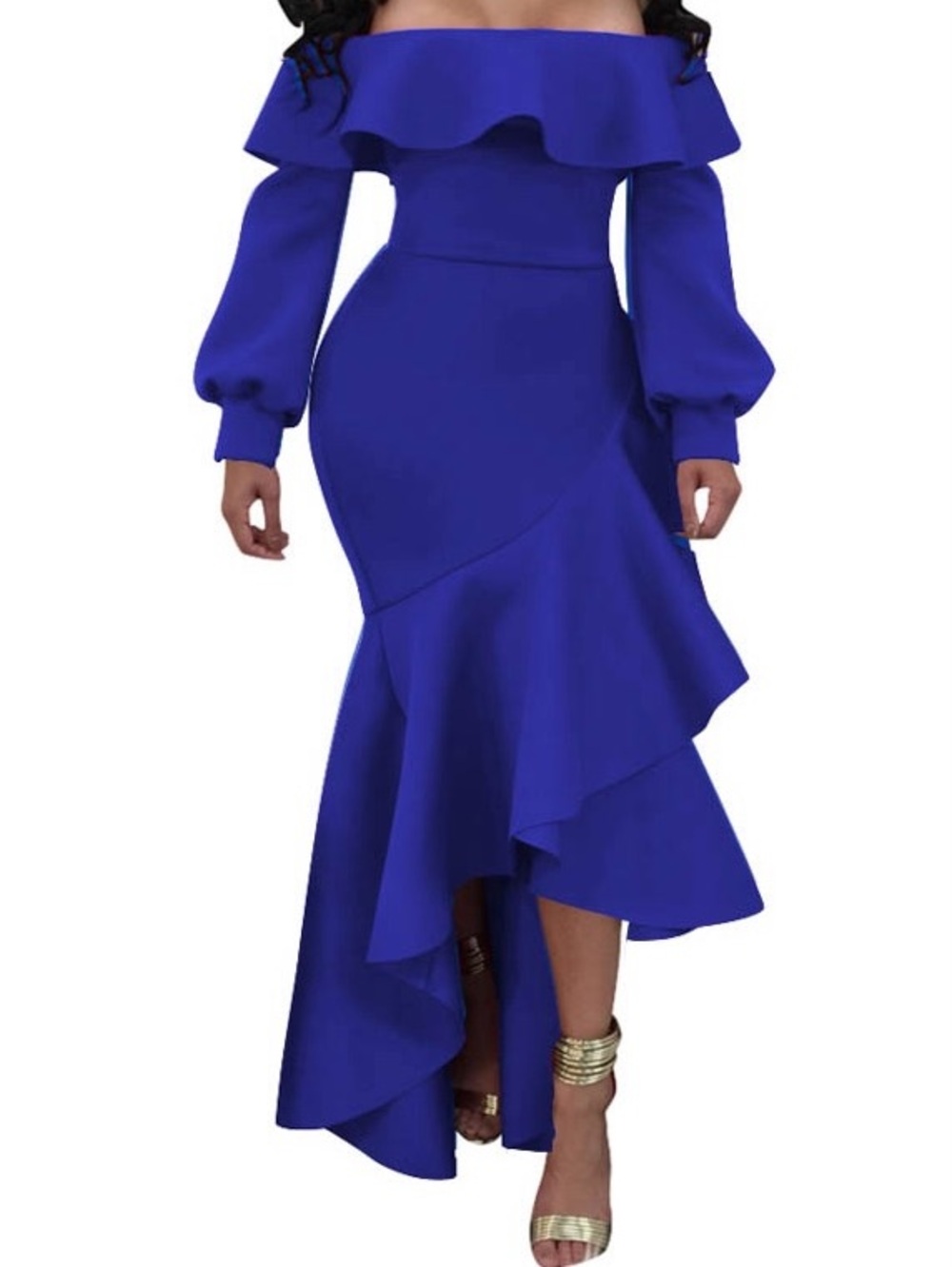 Off-Shoulder Ruffle High-Low Maxi Dress - Royal Blue